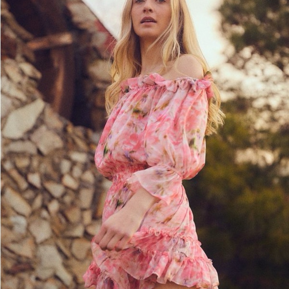 Misa Los Angeles Pink Floral Off-Shoulder Mini Dress